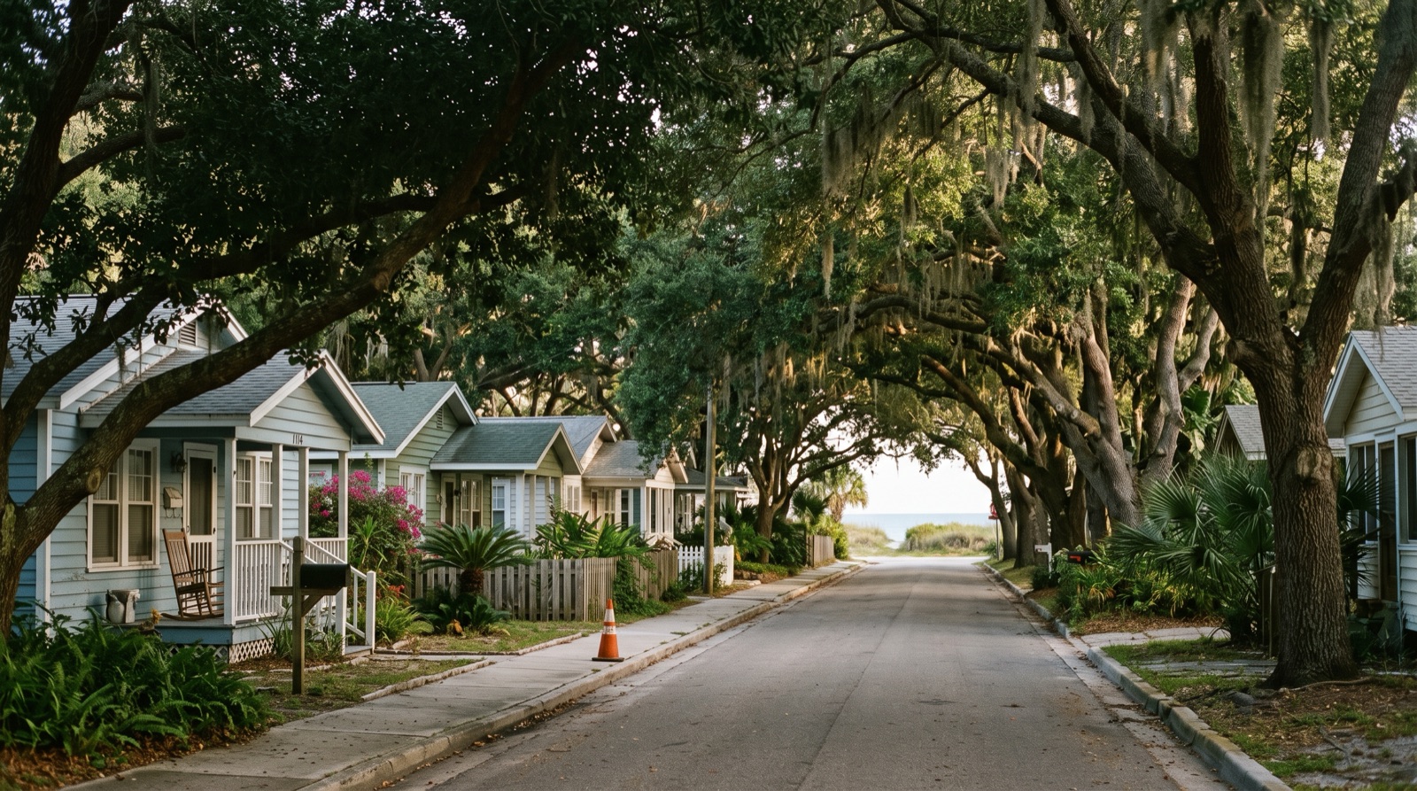 A quiet Neptune Beach street with mature laurel and live oaks arching over coastal bungalows