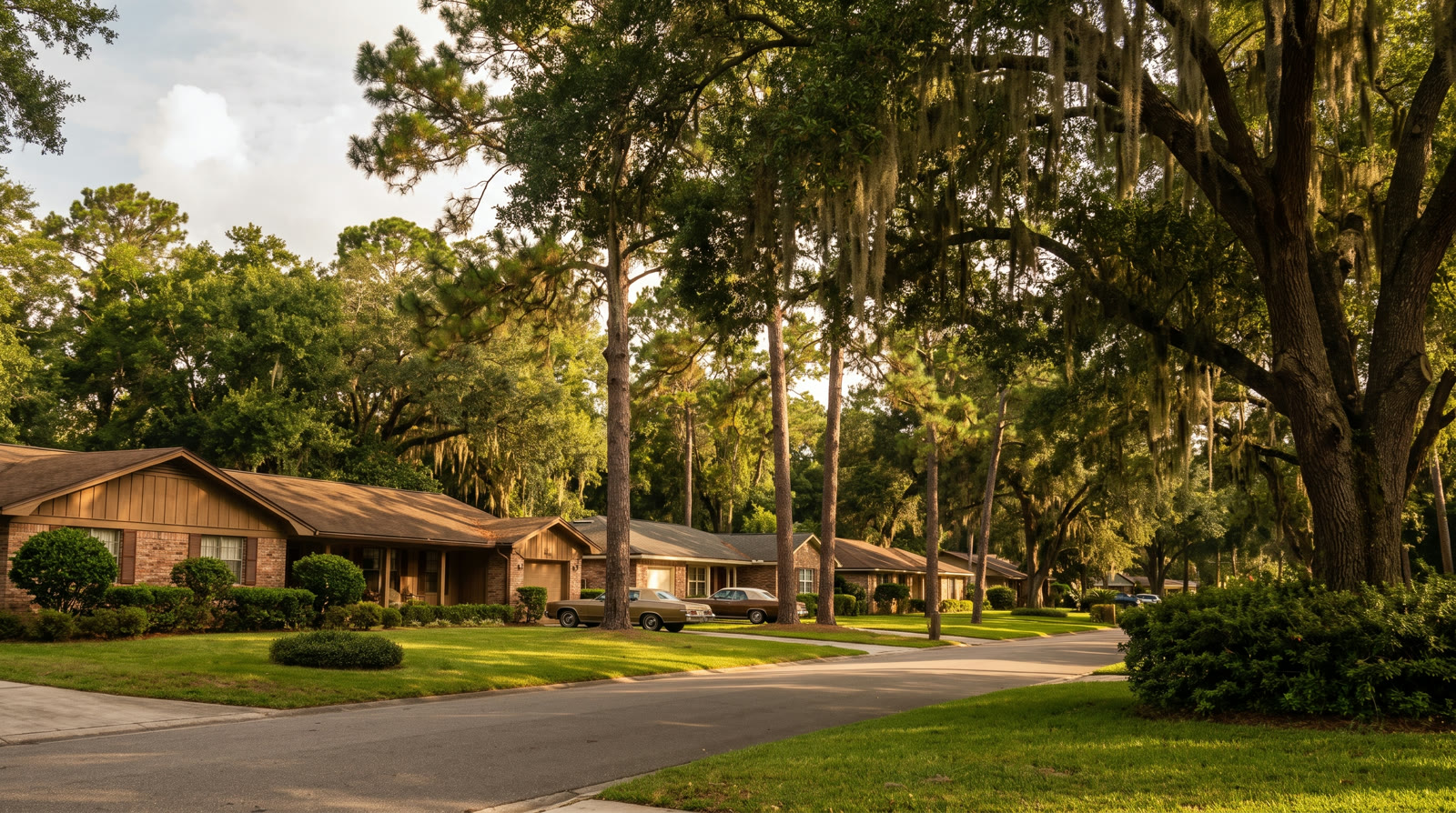 Orange Park street shaded by mature live oaks and pines near Doctors Lake