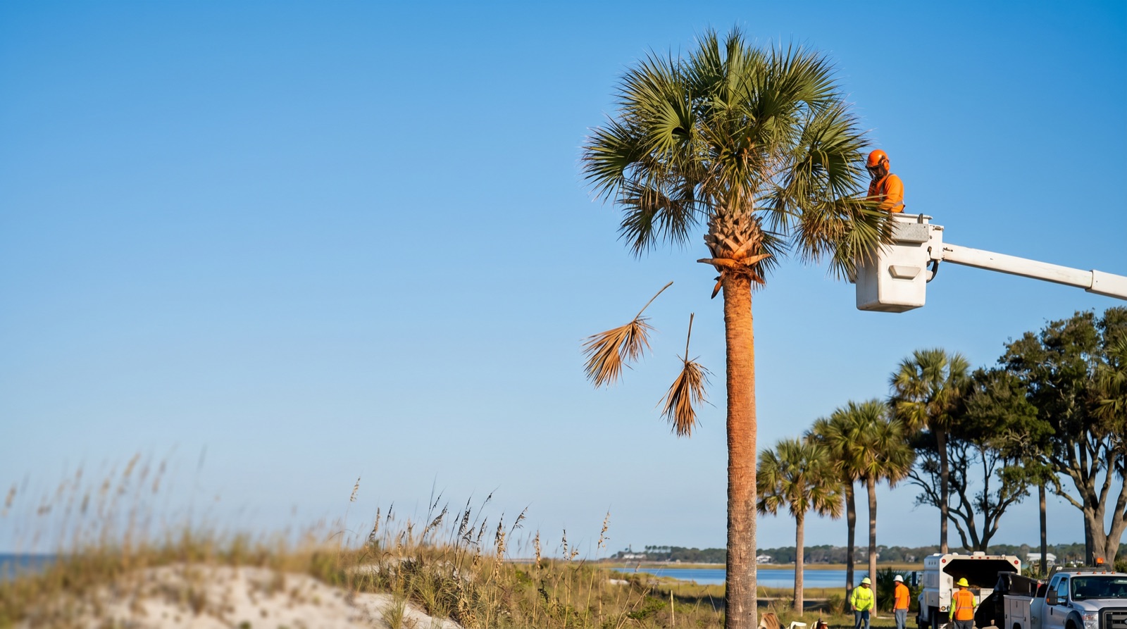 Arborist trimming a tall cabbage palm in a Jacksonville yard