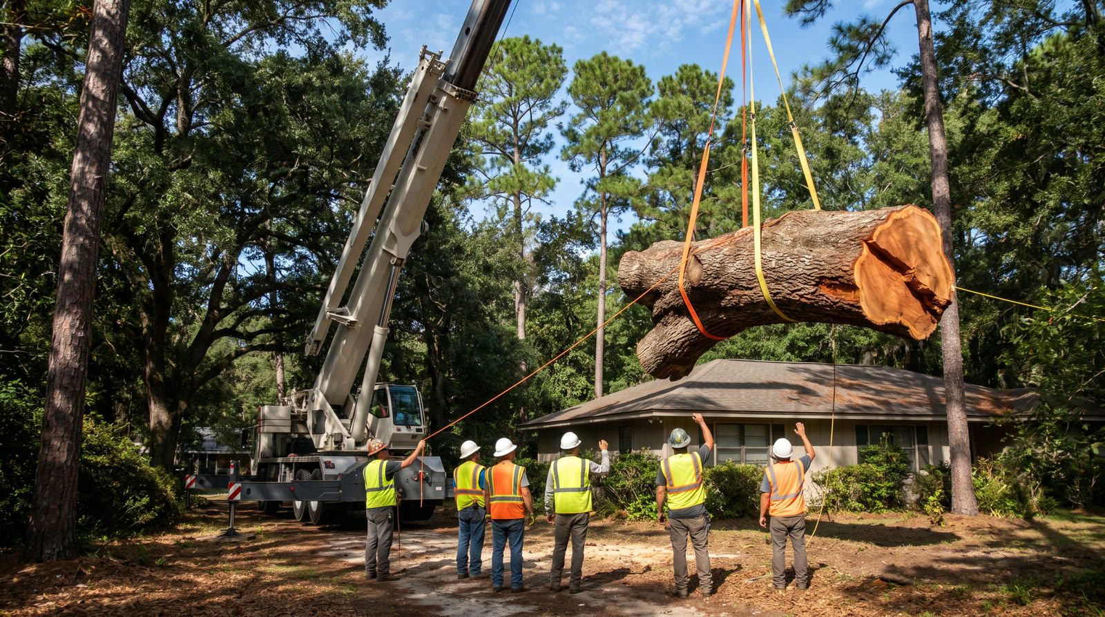 Crane lowering a large live oak section in a Jacksonville back yard